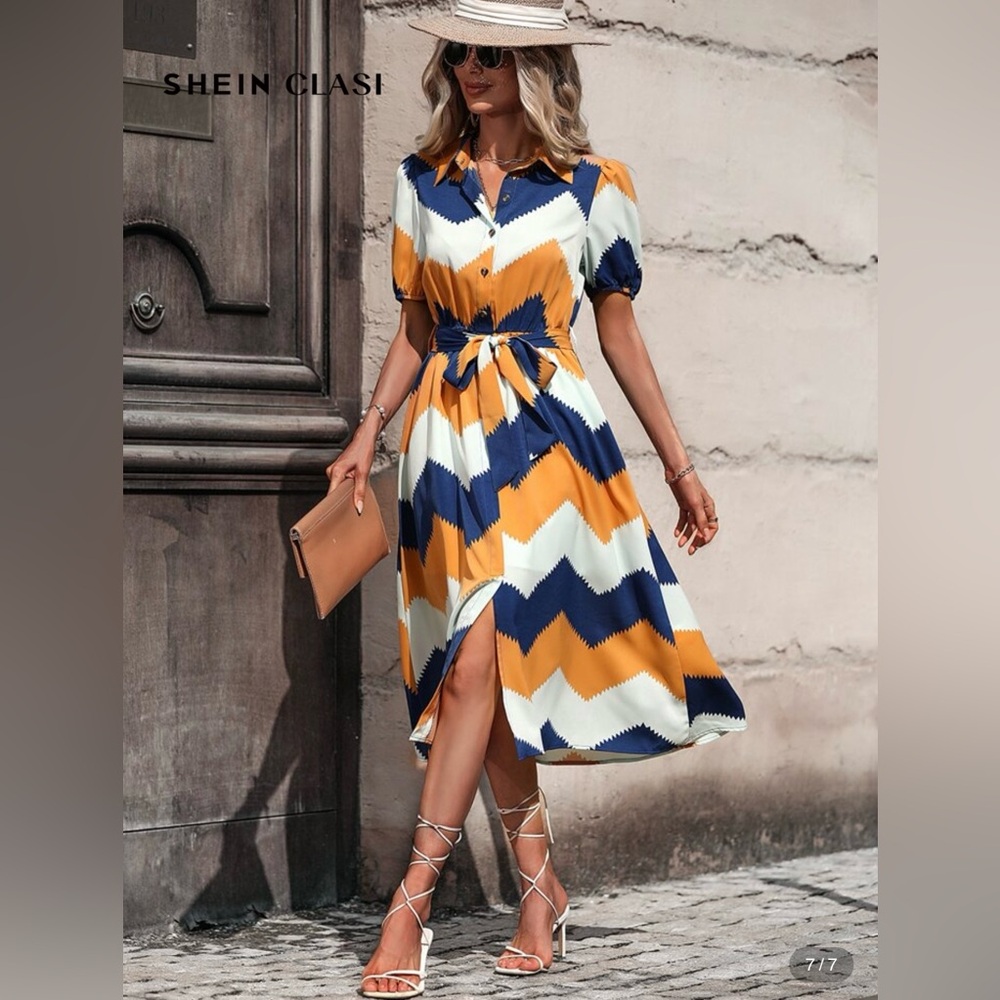 SHEIN Clasi Chevron Print Belted Shirt Dress - Orange, Blue, and White